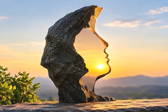 Surreal Rock Sculpture Creating a Human Face Silhouette at Sunset