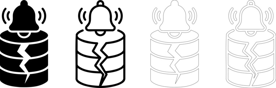Database Error and Alert solid icon set. Featuring broken server and bell signs