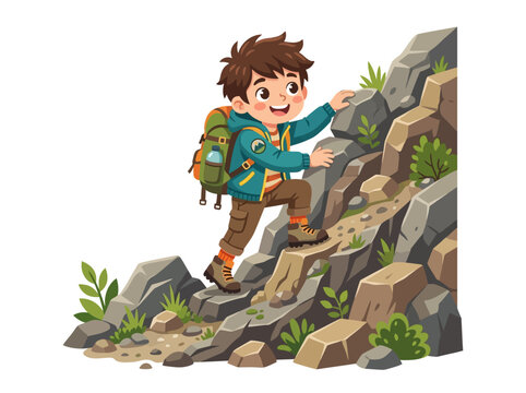Young Boy Climbing Rocky Terrain.