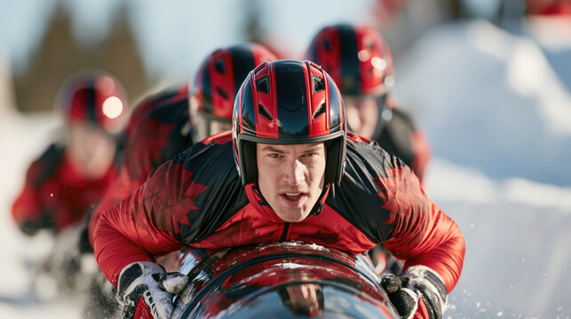 Close-up of male athlete wearing helmet speeding during winter bobsled competition