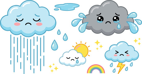 Obraz premium Cute Kawaii Crying Cloud Vector Set with Sad Weather Characters Raindrops Lightning and Rainbow for Kids Design Elements