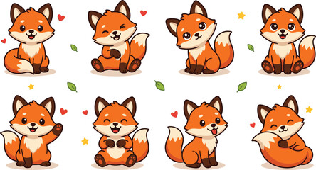 Fototapeta premium Cute Kawaii Fox Vector Character Collection Featuring Happy Little Orange Wildlife Animal Stickers with Hearts and Leaves