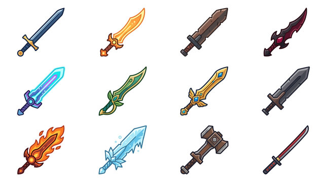 Collection of fantasy game sword icons and weapon designs.