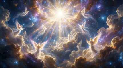 Fototapeta premium Angels ascend through celestial clouds towards a divine light in the starry cosmos. Spiritual beings with wings float in ethereal sky, experiencing bliss and enlightenment in afterlife.