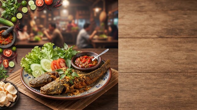 Indonesian Pecel Lele Fried Catfish Sambal Chili Vegetable Wooden Table Line Art Vector Illustration Character Isolated White Background Stock Illustration   