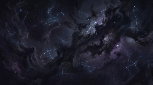 Swirling dark purple cosmic nebula and star field in deep space with space background