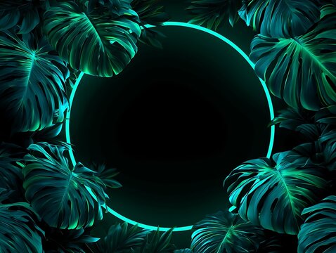 Futuristic Neon Cyan Circle Frame Surrounded by Tropical Monstera Leaves on Black Background