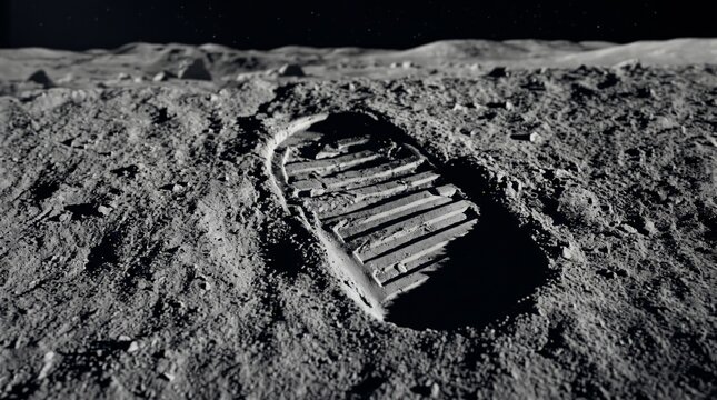 Single boot print left in the deep gray lunar dust on the moon surface with moon landing