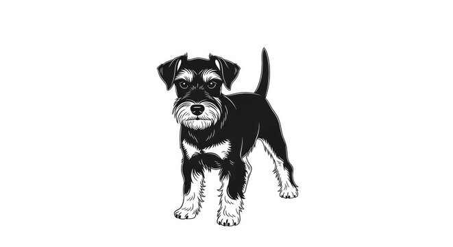 A black miniature schnauzer stands proudly on a white background. The dog has a distinctive wiry coat and a serious expression.