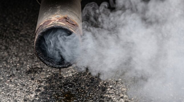 Car exhaust pipe emitting thick smoke and toxic fumes. Air pollution and environmental issue