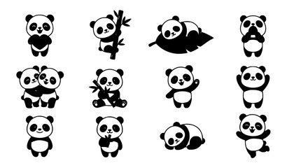 Fototapeta premium Cute Chibi Panda Characters with Bamboo Heart and Sleeping Poses Vector Set