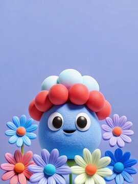 Ilustraci&oacute;n 3D estilo dibujos animados de un simp&aacute;tico personaje azul con flores