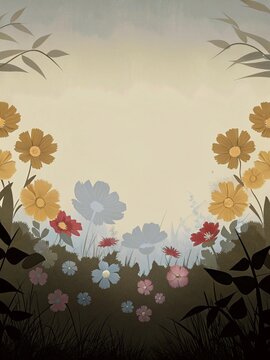 Ilustraci&oacute;n de un campo de flores silvestres con follaje suave.
