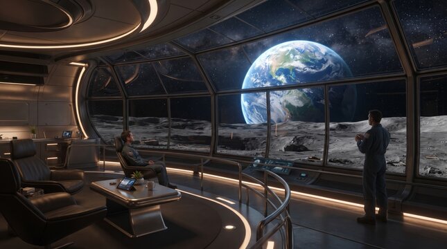 Astronaut looking at planet earth from moon base observation deck with lunar base