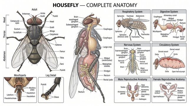 Housefly anatomy diagram illustrating complete biological systems and body parts
