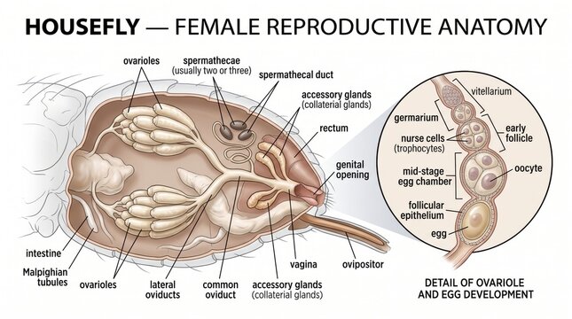 Housefly female reproductive anatomy and egg development medical illustration