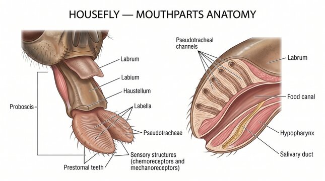 Housefly mouthparts anatomy diagram with scientific labels, proboscis, labium, labella, and internal structures
