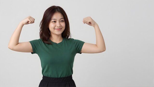 Confident young Asian woman flexing muscles demonstrating inner strength power