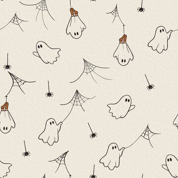 Hand-drawn seamless Halloween pattern with playful ghosts, hanging spiders, cobwebs and orange socks on a warm cream textured background.