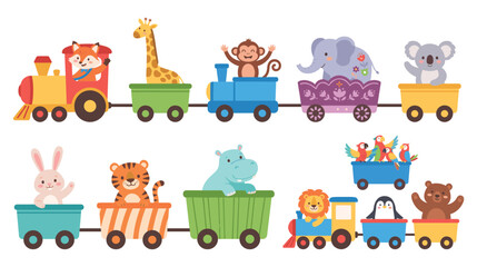 Fototapeta premium Cute cartoon animals riding toy train flat vector illustration.