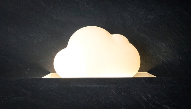 A modern, illuminated cloud-shaped lamp casting a soft glow on a dark, textured surface