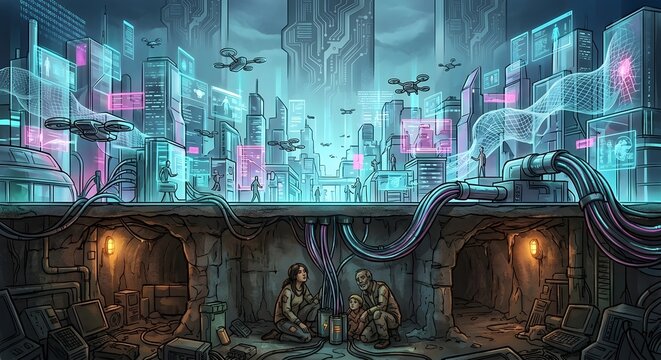 By 2035, artificial intelligence and autonomous systems have transformed urban landscapes into glowing hubs of efficiency. Drones navigate seamless skylines, holographic data streams manage smart citi