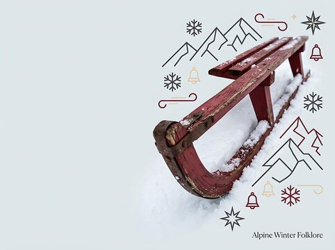Vintage wooden sled resting in snow with whimsical winter icons