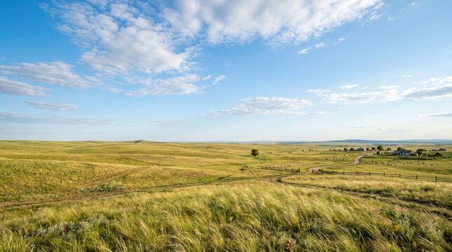A wide-angle photograph captures a vast, golden wheat field stretching across a rolling landscape under a bright blue sky dotted with fluffy white clouds.