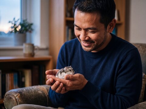 Southeast Asian man cradling tiny Campbell dwarf hamster