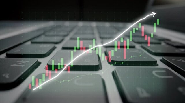 This image illustrates the intersection of finance and technology, showcasing a stock market trend with candlestick charts on a laptop keyboard, symbolizing growth and analysis. Copula