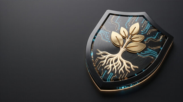 Digital shield cloud standard max tree golden black secure symbol protect concept confident powerful strong safe stable guard badge emblem metal
