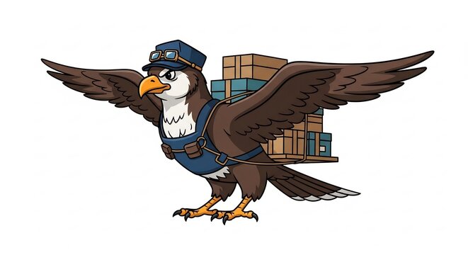 Postal Eagle Delivery: A stylized eagle, dressed as a postal worker with overalls and a cap, soars with outstretched wings, carrying a stack of parcels on its back, ready to deliver.