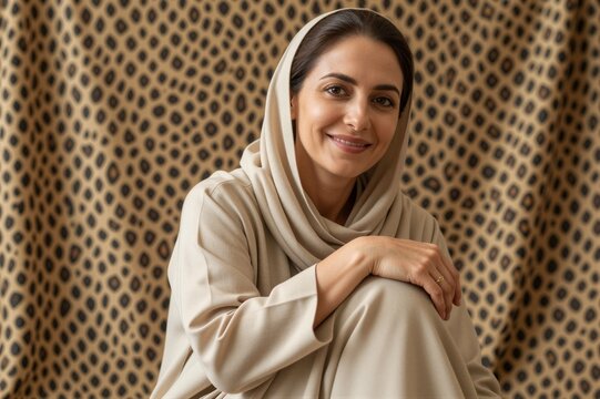 A woman in traditional beige abaya and hijab sits calmly in a warm indoor setting with a leopard print background, her gentle smile conveying elegance.