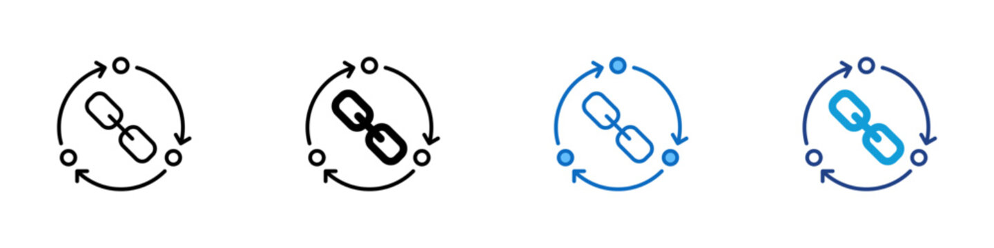 Link Synchronization Cycle Multiple Style Icon Design Vector - Circular arrows with link representing link synchronization cycle, connected URL refresh, and network chain rotation for digital systems