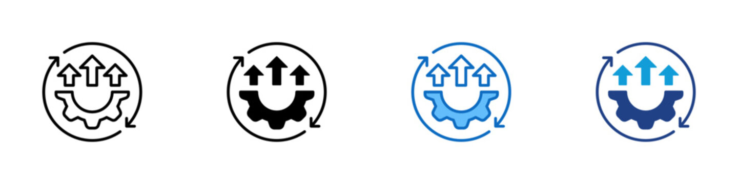 Optimized Process Improvement Multiple Style Icon Design Vector - Gear with upward arrows and smile representing optimized process improvement, positive performance upgrade, and system enhancement