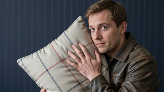 A man finds solace in the quiet moment, cradling a worn leather jacket and a plaid pillow against his side on a dimly lit wall with crisp white stripes.