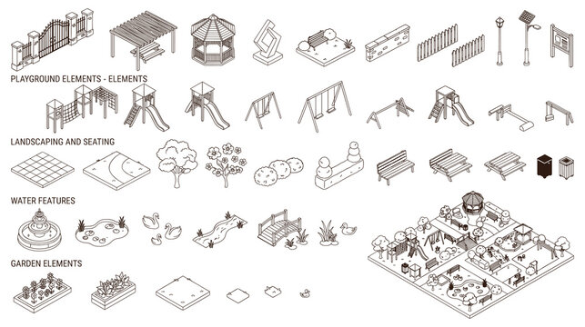 Isometric park elements kit with playground furniture and greenery.
