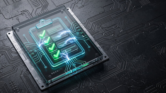 Digital shield cloud concept showing confident system security protection with checklist on circuit board