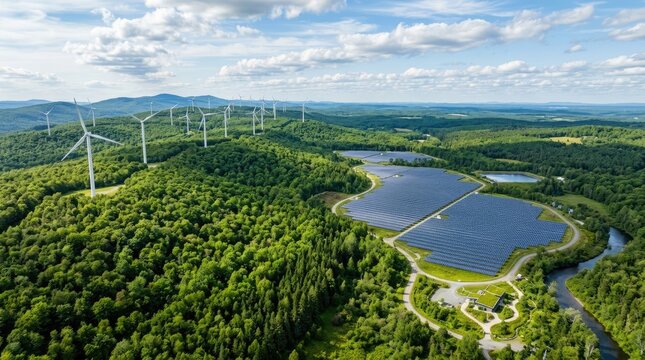 Multiple wind turbines and a solar panel array occupy a scenic landscape. The turbines stand tall against a bright blue sky with fluffy white clouds.
