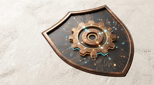Digital shield cloud gear metal abstract protective secure symbol concept confident