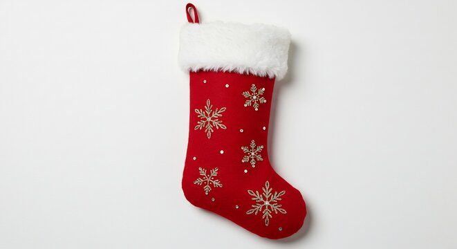 Festive Christmas Stocking: A vibrant red Christmas stocking adorned with sparkling snowflakes and a fluffy white cuff, ready to be filled with holiday cheer and gifts.