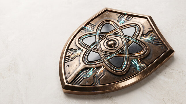 Digital shield cloud protect safe secure atom science technology cyber security defense metal bronze glowing energy secure guard network system