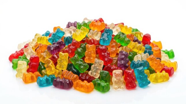 Large heap of colorful gummy bear candies isolated on a white background with gummy bears sweet candy fruity candy food background junk food multi colored rubber bear colorful delicious