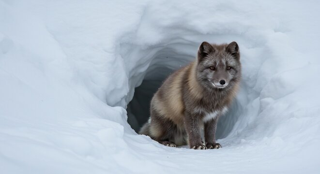 Arctic Fox in Snow Cave: A solitary arctic fox with thick winter fur sits alert at the entrance of a snow cave, its sharp eyes scanning the frozen landscape.