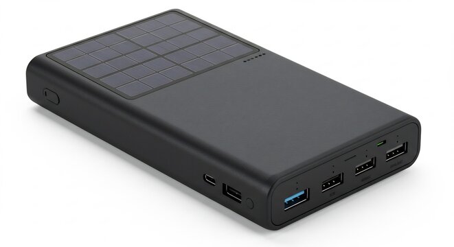 Solar Powered Power Bank: A sleek, black power bank equipped with solar panels for eco-friendly charging, featuring multiple USB ports for versatile connectivity.
