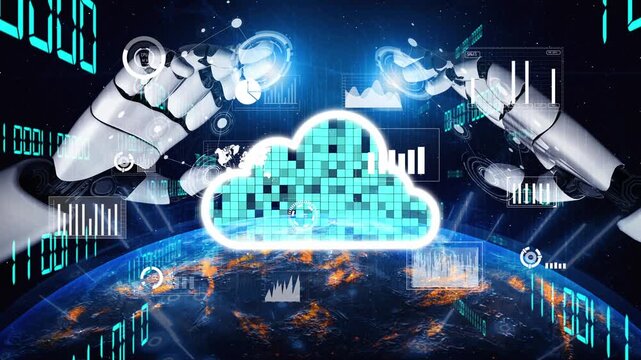 A dynamic illustration of robotic hands engaging with digital cloud technology represents the fusion of advanced computing and data analysis in a futuristic setting. Xenic