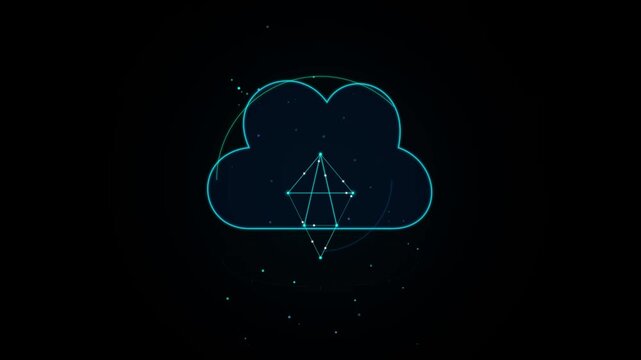 Cloud computing outline icon integrating with geometric 3D network data node