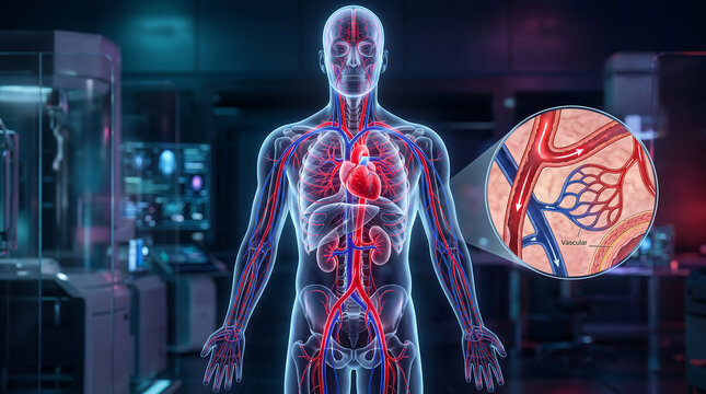 Futuristic 3D illustration of human circulatory system showing heart blood vessels and capillary vascular network