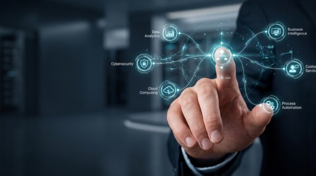 AI Agent interacting with a digital interface for intelligent automation, showcasing business workflow orchestration and advanced machine intelligence.