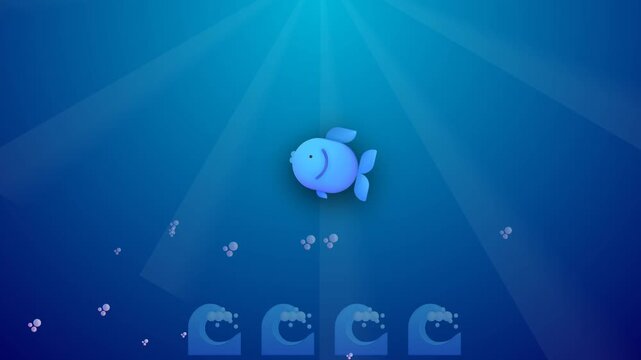 Blue Cartoon Fish Swimming Underwater with Rising Bubbles and Waves